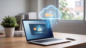 Laptop with cloud and data transfer logos.